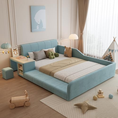 Zravenna Polsterbett Kinderbett 140x200 cm mit Kinder Schreibtisch, Hocker & Ablageboden, Weiches Kopfteil, mit Holzlatten, Samt, Ohne Matratze. (Blau)
