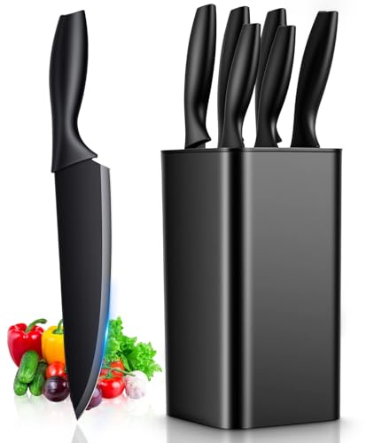 Cexovo 6 Pièces Set Couteau Cuisine Ensemble de Couteaux, Couteaux de Cuisine avec Bloc, Compris Couteau Universel et Couteau de Chef, Acier Inoxydable, Revêtement Antiadhésif, Manche Ergonomique