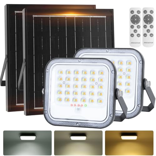 Aigostar - Foco proyector LED solar con mando a distancia，2 piezas，4000mAH，gran panel solar y batería de gran capacidad，regulable 3000/4000/6500K，IP66，cable 2m，Luz solar para exterior y jardín，patios