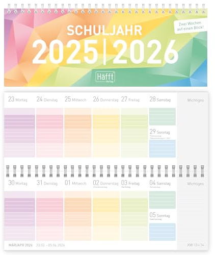 Häfft® Tischkalender Schuljahr 2025 2026 Schülerkalender mit Wochenübersicht 26 x 10,5 cm Spiralbindung mit Ferienübersicht - nachhaltig & klimafreundlich