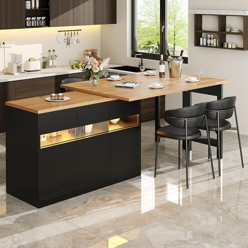 NNJN Ausziehbarer Bartisch mit LED-Beleuchtung und 360° Drehfunktion, Höhenverstellbar 120-180cm, Moderner Kücheninsel Tisch mit Stauraum, für Wohnzimmer, Esszimmer, Homeoffice