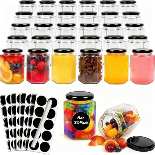 1ZIZIFA8 Hexagon Glass Canning Jars with Lids 30-Pack - 180ml Airtight Empty Glass Jars, for Jam, Honey, Pickles, Candle Making, DIY Wedding Favors & Food Storage(Blacks Lids)