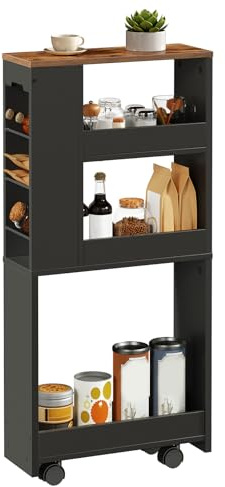 HOOBRO 4-stöckiger Servierwagen, 40 x 15 x 85,5 cm, schmaler Rollwagen mit 4 feststellbaren Lenkrollen, Küchenwagen, Küchenregal für kleine Räume, Küche, Wohnzimmer, Schwarz und Vintagebraun EBF84TC01