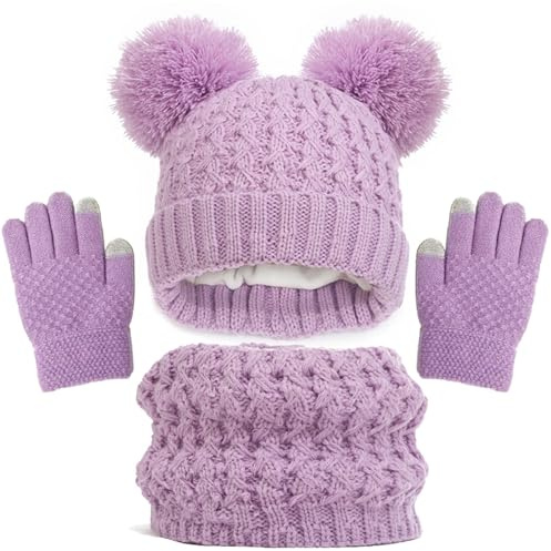 2025 Nuevo gorro de invierno para niños guantes bufanda conjunto 2025 nuevas niñas niño 2025 nuevos sombreros para niños con pom punto calentador de cuello polaina mitones forro polar conjunto, morado