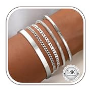 Krfy 5 Armband Damen Gold Silber 14K Vergoldete Schmuck Armband Set Dianty Verstellbare Stapelbare Armbänder CZ Tennis Armbänder Herringbone Kettenarmbänder Für Damen Und Mädchen Armschmuck Geschenke
