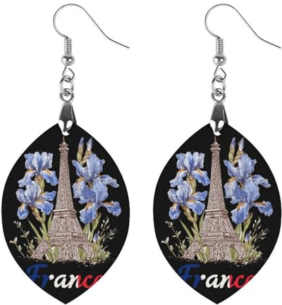Eiffel Tower Iris Flowers France French Flag Women's Earrings Wooden Pendant Dangle Jewelry Stylish Accessories for Party