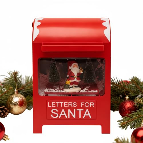Area illumina Buzón navideño con luces, música y nieve, rojo, 15 x 11,8 x 23 cm, alimentación USB o pilas, decoración navideña para interiores (Papá Noel)