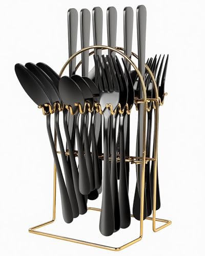 Knife and Fork Sets, 24 Pieces Cutlery Set with Holder, Gilded Silverware Set for 6 People– Dishwasher Safe, Easy to Clean (Black)