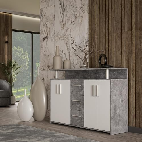 Forte SINCRONO Sideboard 130, modernes Sideboard mit Ablage-Aufsatz, 4-türig, 3 Schubladen, Wohnzimmer, Flur, Holzwerkstoff, Weiß mit Betonoptik, 132 cm breit x 88,5 cm hoch x 34,8 cm tief