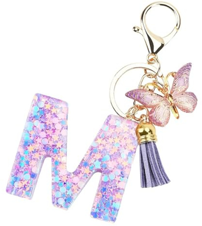 YIPFEN Porte-clés personnalisé pour femmes et filles avec initiale, lettre M, porte-clés violet avec papillon et pompon