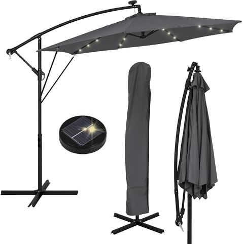 ML-Design Ampelschirm Ø300 cm mit LED Solar, Anthrazit, Alu Sonnenschirm mit Kurbel, Gartenschirm UV50+ Sonnenschutz & wasserabweisend, Marktschirm 360° drehbar, Terrassenschirm mit Abdeckung, Ständer