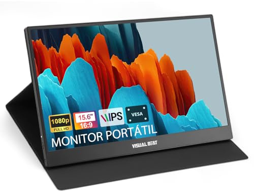 Visual Beat Monitor Portátil 15,6 Full HD 1080P, IPS 100% sRGB, USB-C y HDMI, Funda Soporte, VESA, para Portátil, PC, Mac, PS5, Xbox y Switch