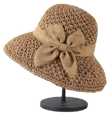 CHENWEIHAI Sonnenhut Strohhut Hut Stroh Eimer Hüte Mit Bowknot Frauen Strand Sonnenschutzhut Weibliche Freizeit Fischermütze (55 Bis 58 cm/Khaki)