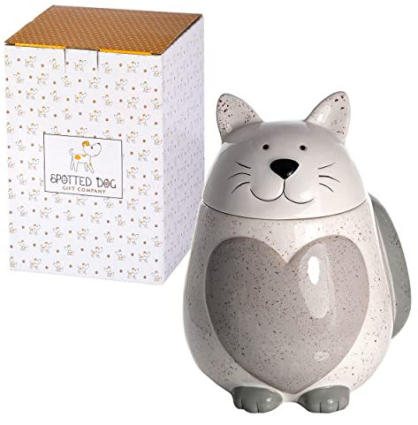 SPOTTED DOG GIFT COMPANY Cookie Jar Novelty Large Ceramic Kitchen Storage Jar with Lid, Cute Biscuit Barrel (Grey) - Cat Gift for Cat Lovers