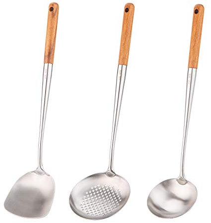 FJNATINH Wok-Pfannenwender und Schöpflöffel, Werkzeugset, 43,2 cm, Pfannenwender für Wok, 304 Edelstahl