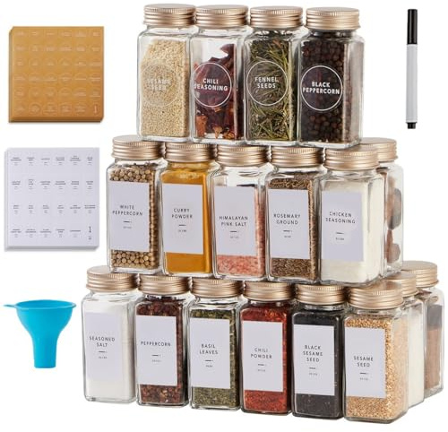 25 Pcs Spice Jars with Label- Glass Spice Jars with Gold Metal Caps,Shaker Lids, Funnel, Chalk Pen, Skiileor 4oz Seasoning Containers Bottles for Spice Rack, Cabinet, Drawer