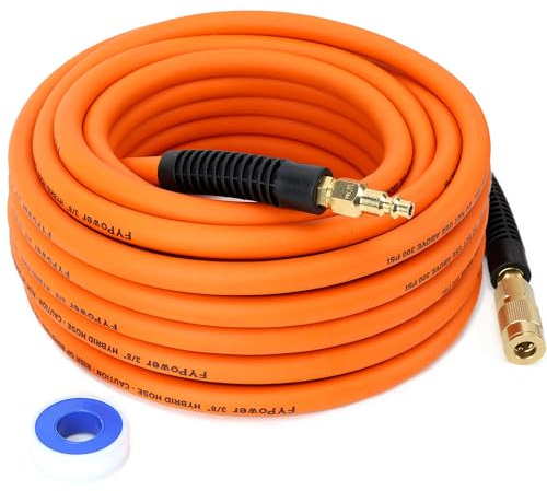 FYPower Air Compressor Hose 3/8 Inch x 50 Feet Hybrid Hose with Fittings, Flexible and Kink Resistant, 1/4 Industrial Quick Coupler and Plug Kit