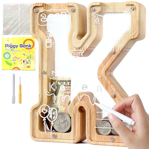 Lakpopya Spardose Kinder Buchstaben aus Holz für A-Z Personalisiert Sparschwein Durchsichtig Alphabet Sparbox, Geschenk Dekoration Taufe für Jungen Mädchen (K)
