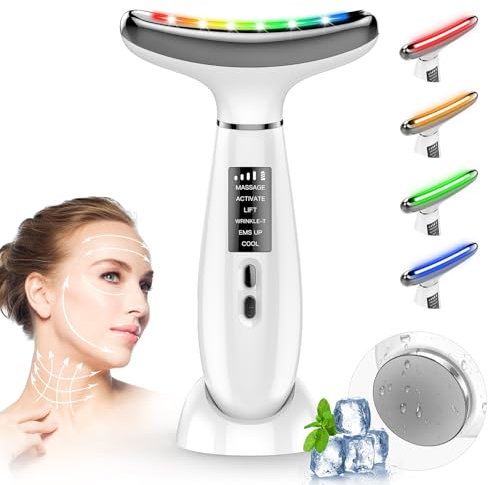 Massaggiatore Viso Elettrico,Massaggiatore Viso Lifting a 6 Modalità a 45 °C per L'anti-età, il Lifting e il Rassodamento Della Pelle Cadente (Modalità LED a 4 Colori - Bianco)