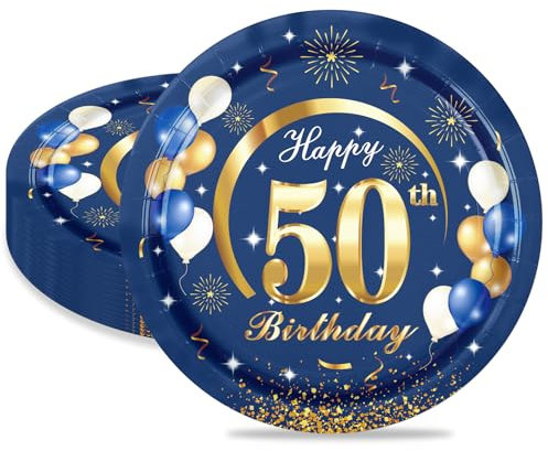 MORAINJAY Platos de Cumpleaños Azul Marino - 16 Unidades de 9 Pulgadas para Fiesta de 50 Años - Suministros para Hombres, Mujeres, Ella, Él
