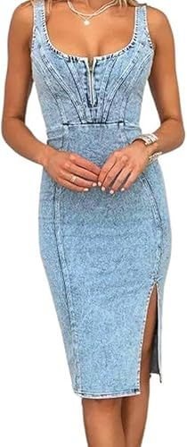 Placitiume Women's Sleeveless Denim Dress Side Slit Bodycon Midi Jean Dress 2024 (blue,M,M,Regular,Regular)