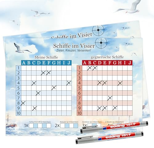 TOBJA Schiffe versenken Abwischbar - 2x A4 inkl. Stifte | Klassisches Schiffe versenken für Senioren mit extra großer Schrift | 2 Personen
