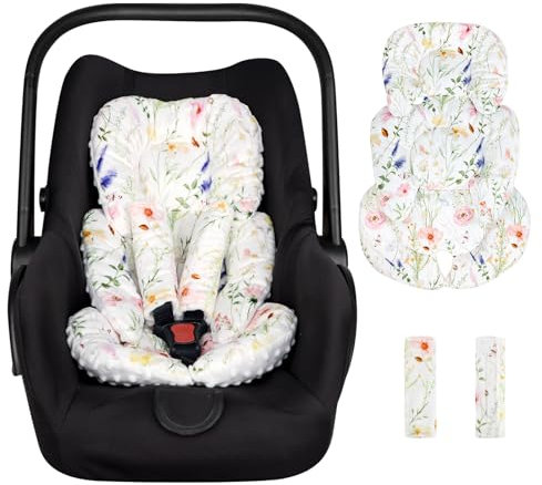 CARUILI Infant Car Seat Insert, Car Seat Head Support Baby Girls Boys, Soft & Reversible Newborn Carseat Insert Cushion with 2 Strap Covers, for Stroller, Swing, Bouncer (White Wildflowers)