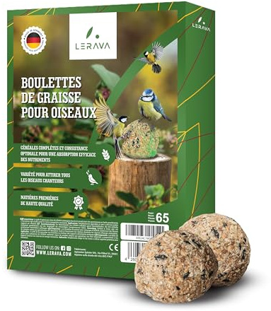 LERAVA Palline di grasso (65 pezzi) - Mangime energetico per uccelli selvatici - Cibo invernale ricco di energia - Alimentazione naturale per uso esterno tutto l'anno per tutte le specie di uccelli