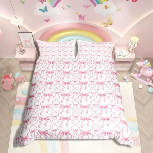 Homewish Set di biancheria da letto rosa con fiocco per letto matrimoniale in stile principessa per ragazze e adolescenti - Carino copripiumino con fiocco sognante a doppio nodo - Copripiumino con