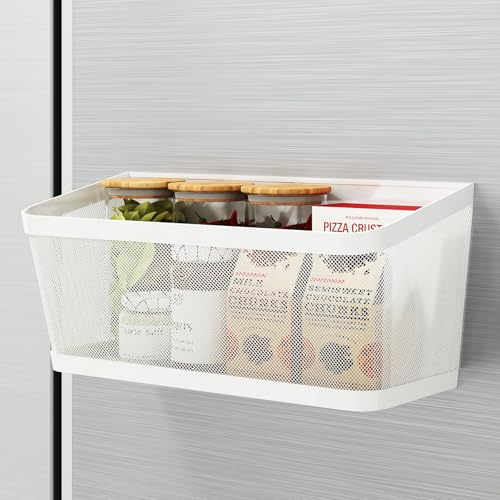 1 Pc Magnetic Spice Rack for Fridge Magnet Hanging Basket Holder for Seasonings Fruit Vegetables Coffee Beans Magnetic Organizer Shelf, Kitchen Refrigerator Organizers and Storage, Metal (1, White)