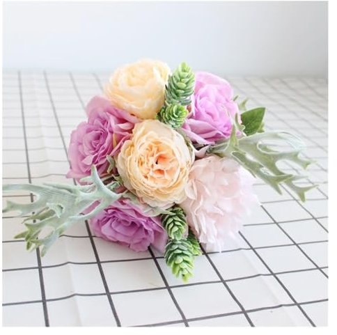 HLHLOP777 Faux Plants Rose Simulation Bouquet Bridesmaid Wedding Bouquet Artificial Silk Flower Peony Antler Fern Succulent Foliage Blue Wedding Flower Artificial Silk Roses(Purple)