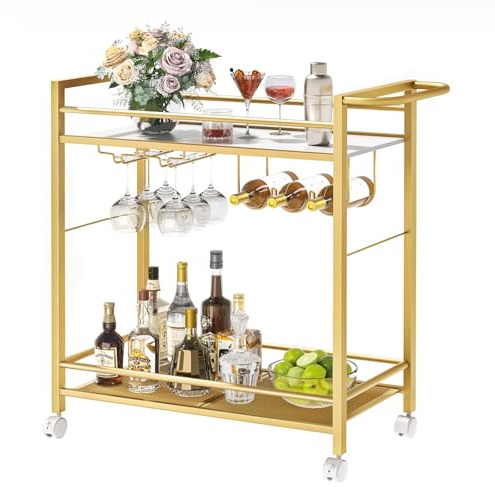 Bar Cart,Home Bar Serving Cart with Storage Shelves, 2 Tier Rolling Beverage Cart with Wheels, Modern Flowing Gold Wine Cart with Wine Rack and Glass Holder for Kitchen, Dinning Room,Living Room