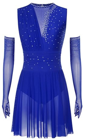 Sinleey Femme Robe Patinage Artistique avec Gants Transparent Ensemble Costume Danse Contemporaine Justaucorps Gymnastique Robe Strass A Bleu Royal XL