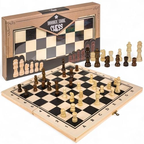 MIJOMA Schachspiel aus Holz – Faltbares Schachbrett 34x34 cm – Klassisches Strategiespiel mit Holzfiguren – Reiseschach – Brettspiel für Kinder & Erwachsene