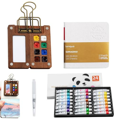 WIYETY Paleta de acuarela de 24 colores: paleta portátil de 8 cuadrículas, juego de viaje de acuarela, paletas con pincel de acuarela, paleta con pincel de acuarela, cuaderno de bocetos, suministros