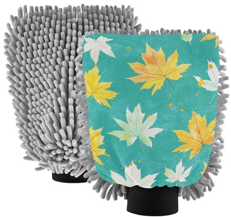 Watercolo - Manopla de microfibra para lavado de coche, color blanco, amarillo, hojas de arce, turquesa, guantes de lavado de coche