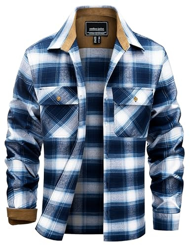 EKLENTSON Men Shirts Cotton Flannel Shirt Casual Plaid Shirt BluewhitE M | Soft all cotton fabric, corduroy adjustable cuffs and collar, lightweight and breathable, 2 chest pocket, fall shirt outwear