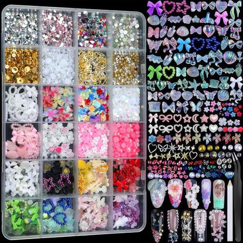 24 Gitter Nail Charms Set, Kit Nail Art avec Charms Ongles et Pierres 3D pour Débutants, Professionnels, Artistes pour DIY Nail Design, Salons (Multicolore)