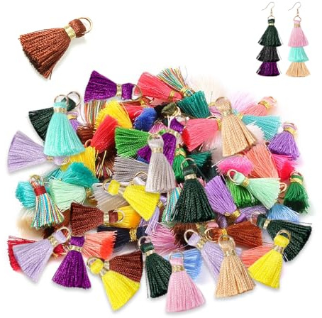 HMCEY 100 PCS Mini Glands Colorés 2 CM,Mini Glands Tassels Loisirs Creatifs,Pendentifs Gland Decoratif pour Bijoux,Pompon Gland Porte Clef,Tassel Pompon de Couleur pour Fabrication de Bijoux, DIY