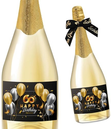 60. Geburtstag Flaschenetikett mit Schleife Schwarzes Silberfarben Gold Lack veredelt 9x12cm Happy Birthday 60 - Geburtstagsdeko Geburtstagsgeschenk Geschenke für Frauen Männer