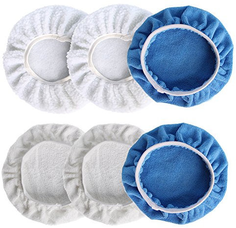 Set di 6 panni da rivestimento per lucidatrice, adatti per la lucidatura dell’auto, 220 - 250 mm: 2 in microfibra, 2 in spugna di cotone, 2 in lana