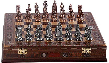 Juego de ajedrez medieval de metal de cobre antiguo del ejército británico, piezas hechas a mano y tablero de madera natural con diseño de perlas