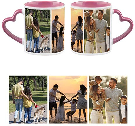 Personalised with Three Photos/Multi Photo Printed Collage Mug, Novelty, Pink Colour Heart Handle Ceramic Mug, Memorable Gift Ideas for Family, Friends, Birthday, Any Special Occasion. (3 Photos)