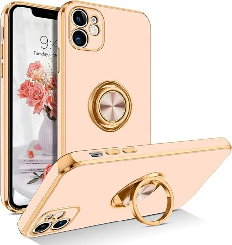 iPhone 12 Silicone Case for Women Girls iPhone 12 Phone Case with Ring Holder 360° Kickstand Slim Luxury Bling Plating Soft TPU Anti-Scratch Shockproof Bumper Phone Case for iPhone 12 - Rose Gold