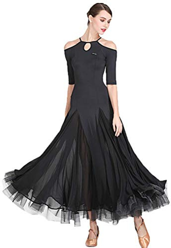 Tzdd Vestiti da Ballo Standard Abiti Donna Tulle Cuciture Abito da Ballo Donna Liscio Valzer Moderna Abbigliamento Ballo Standard da Pratica,Nero,XXL