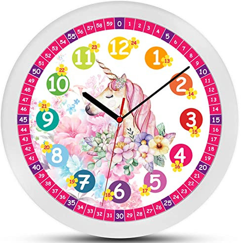 K&L Wall Art Lautlose rosa Kinder Wanduhr für Mädchen langlebige Einhorn Fee Geschenk Lernuhr 30cm groß Uhrzeit lesen Lernen Blumen Kinderuhr Lesehilfe (30cm Einhorn Prinzessin)