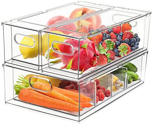 3 Pack Refrigerator Organizer Bins with Pull-out Drawer, Large Stackable Fridge Drawer Organizer Set with Handle, BPA-free Drawable Clear Storage for Freezer, Cabinet, Kitchen, Pantry Organization