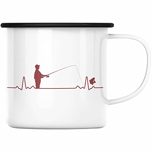 Trendation - Angler Emaille Tasse Geschenk Männer Grafik Herzschlag Lustig für Fischer Geschenkidee Angeln Fischen (Schwarz)