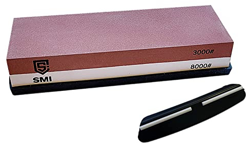 SMI - Schleifstein Schleifhilfe Wetzstein Abziehstein Schärfstein Messerschärfer Körnung 3000/8000 Gratis mit Silikonhalter und Winkelführung für Messer
