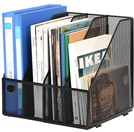 EasyPAG Desktop Metal A4 Magazine File Holder Mesh Desk Tidy Office Literature Document Ring Binder Paper Organiser Filing Rack,4 Compartments,Black